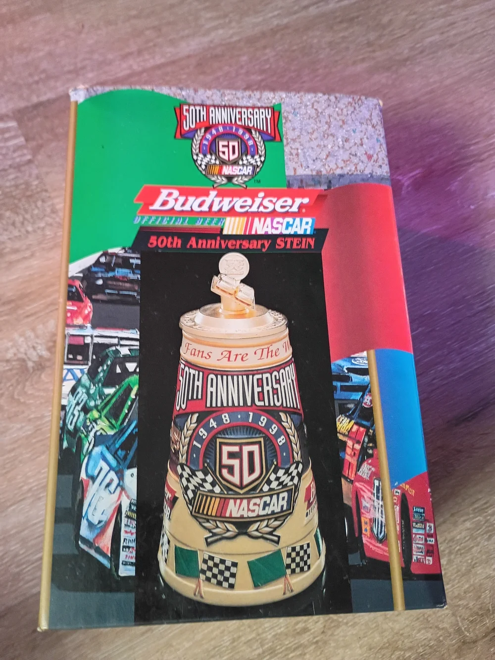 Budweiser 50th Anniversary Ceramic Stein with Red, Blue, Gold, Black Accents